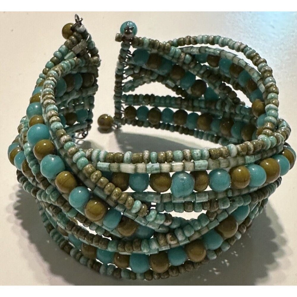 Beaded Statement Cuff Arm Wrap Bracelet Boho Green Turquoise Aqua Braided